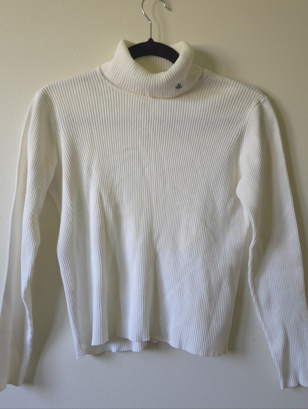 RL Lauren Ralph Lauren Off-White Ribbed Turtleneck Sweater Embroidered Logo